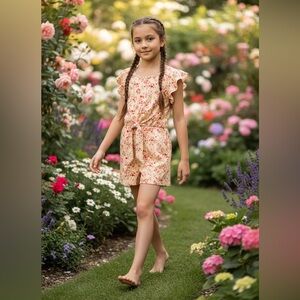 Paper Doll Yellow/ Pink/Red Floral Flutter Sleeve Romper Girls Size 7-8